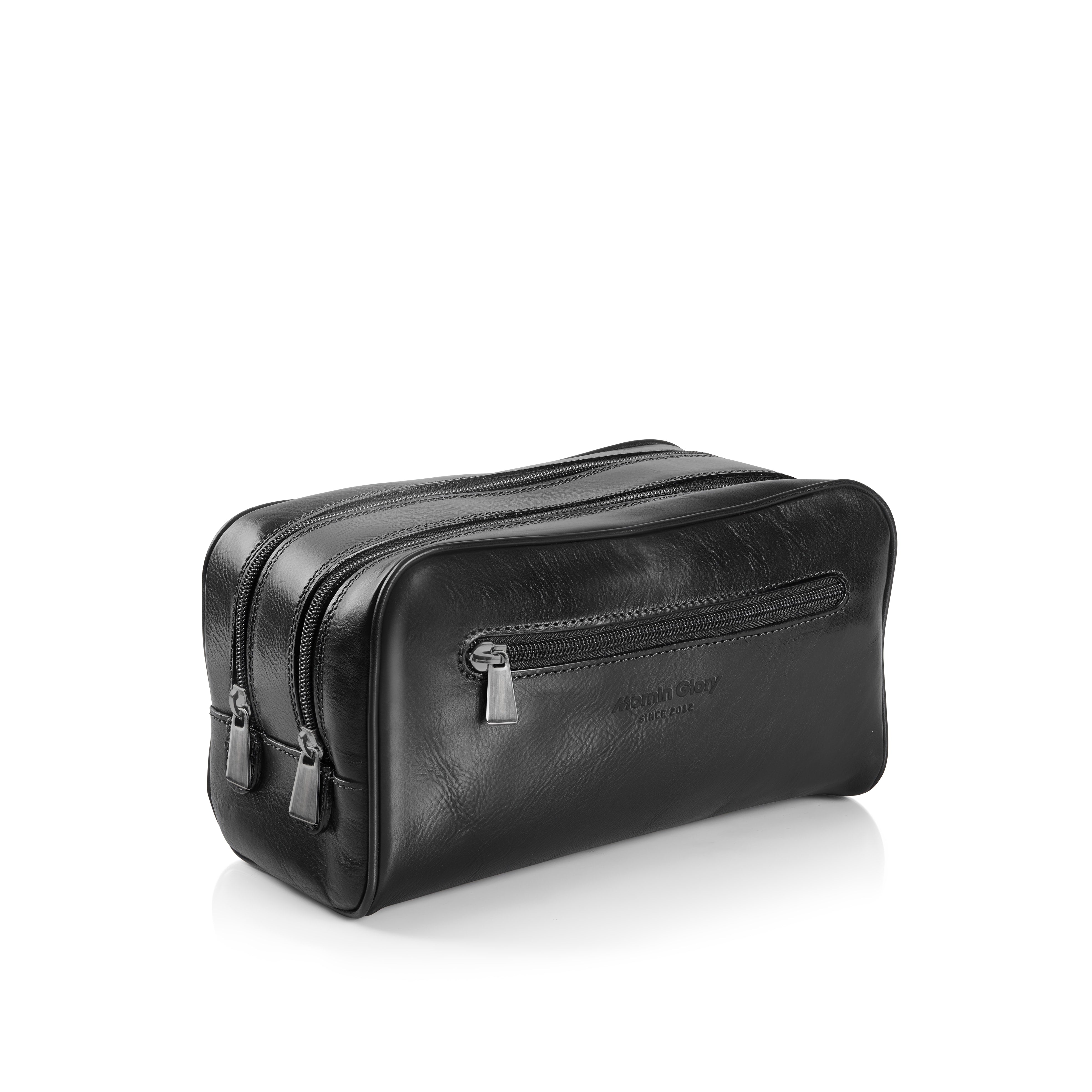 Platinum Kulturbeutel Doppelfach aus toskanischem Leder schwarz