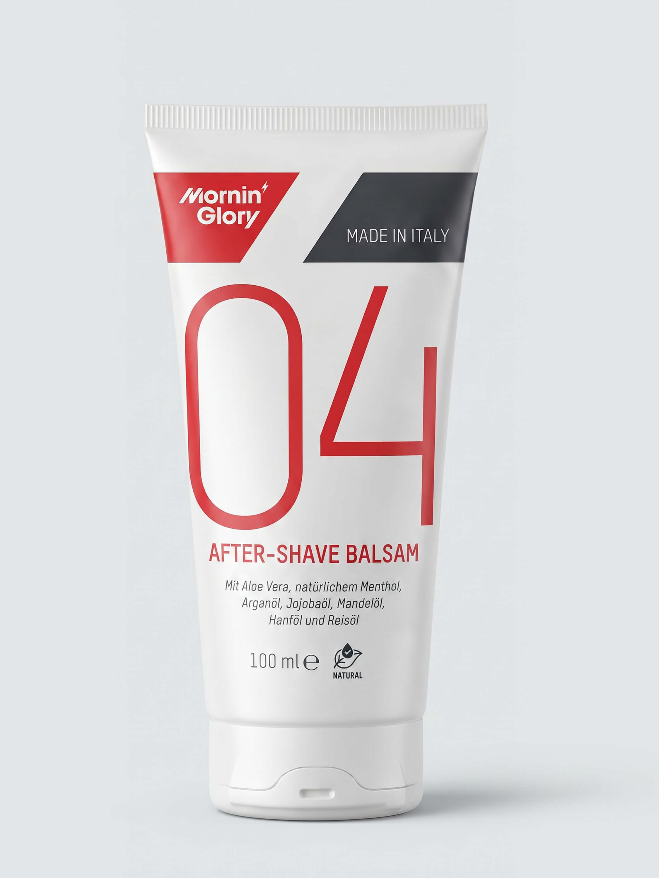 Mornin' Glory 04 After-Shave Balsam 100 ml mit Aloe Vera, Menthol, Arganöl, Jojobaöl, Hanföl und Reisöl zur Pflege nach der Rasur.