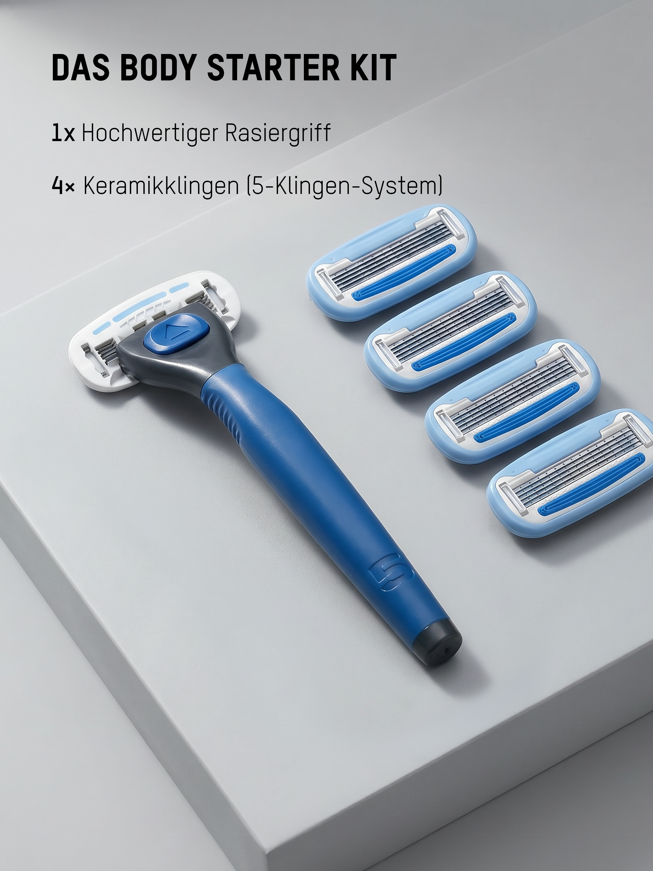Body Starter Kit mit hochwertigem Rasierer und vier Keramikklingen im 5-Klingen-System.