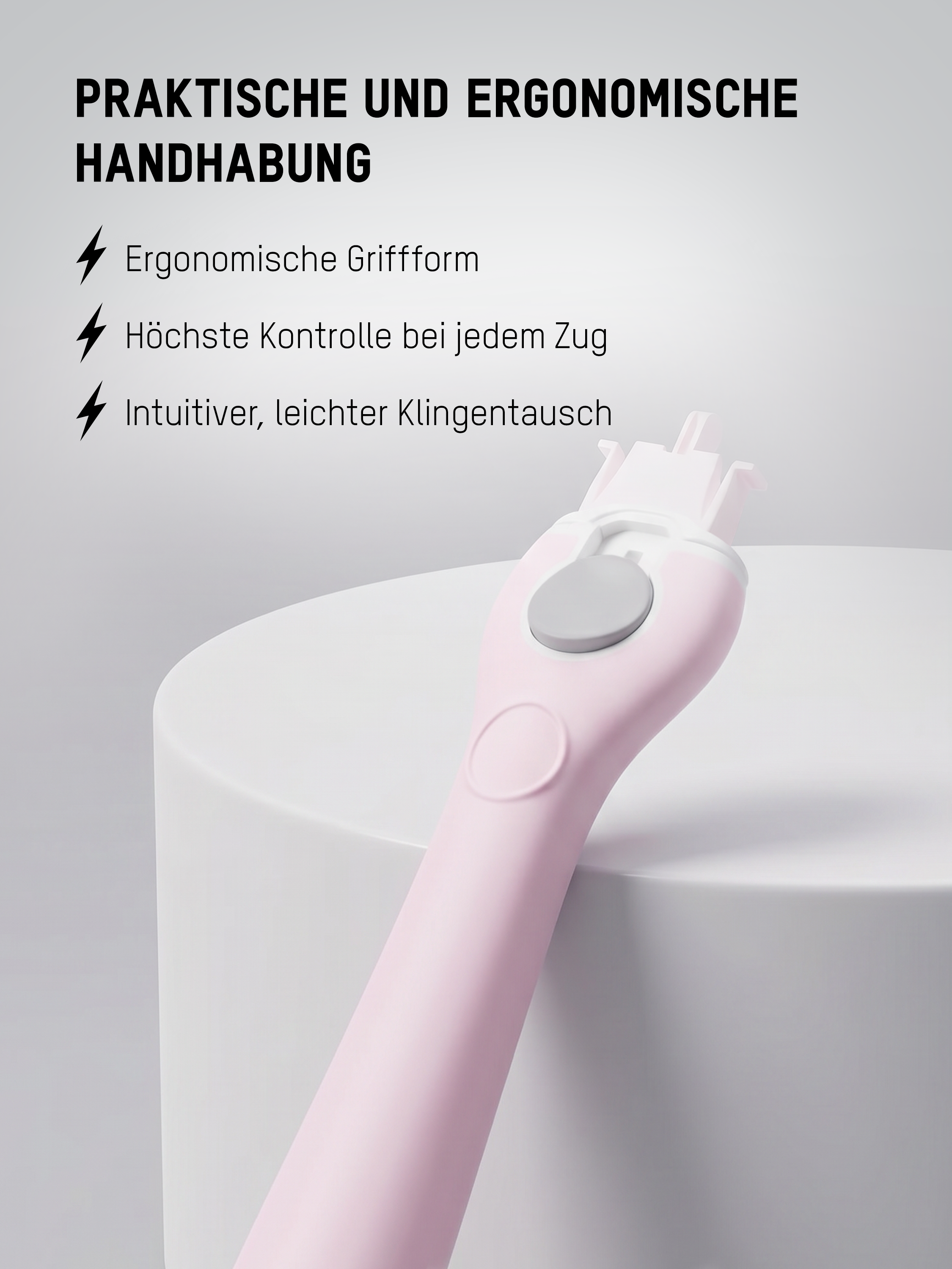 Ergonomischer Rasiergriff des Komodo Damenrasierers für optimale Kontrolle und komfortable Handhabung beim Rasieren.