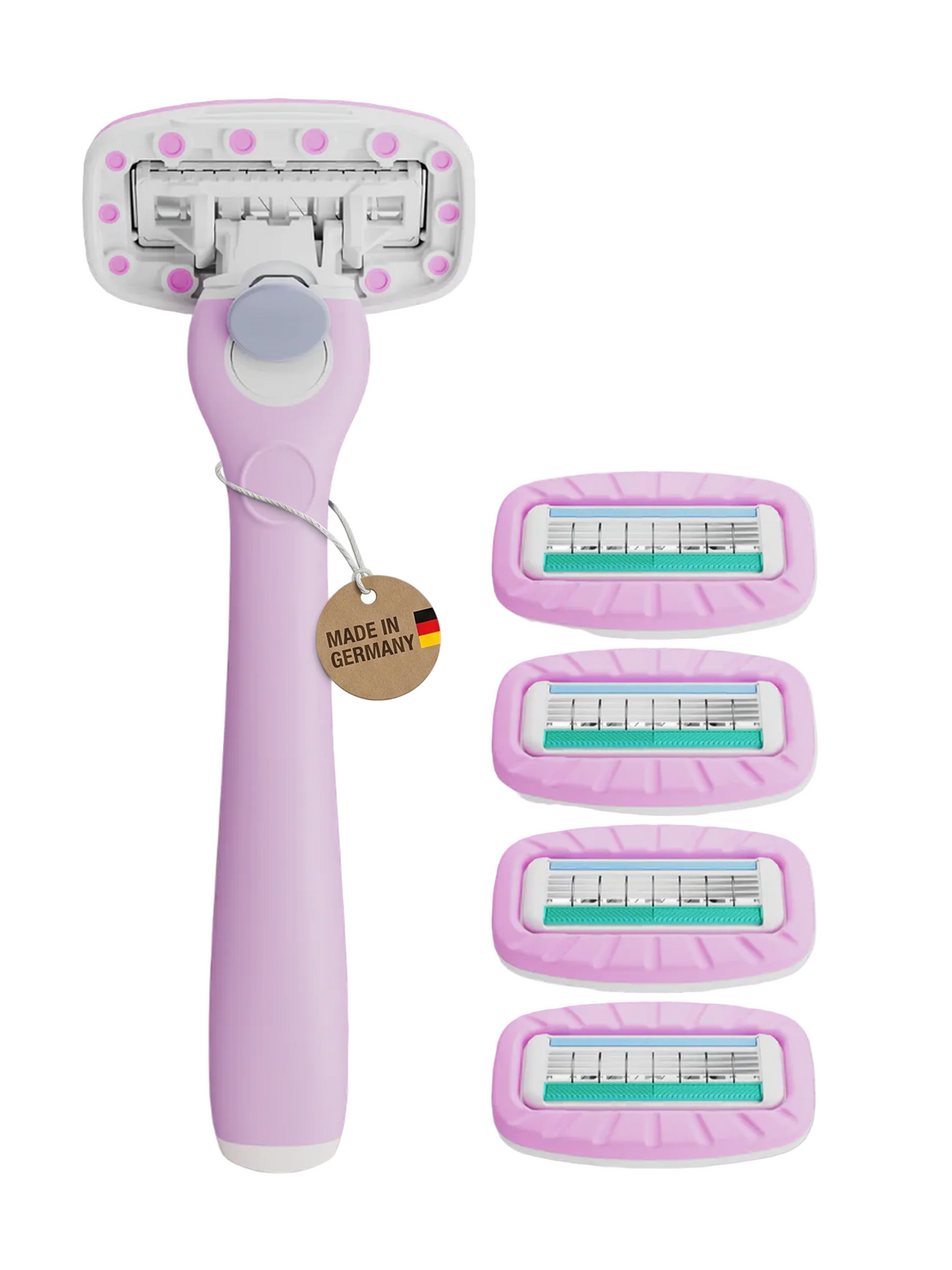 Komodo Paella Starter Kit mit ergonomischem Damenrasierer und vier Ersatzklingen, hergestellt in Deutschland.