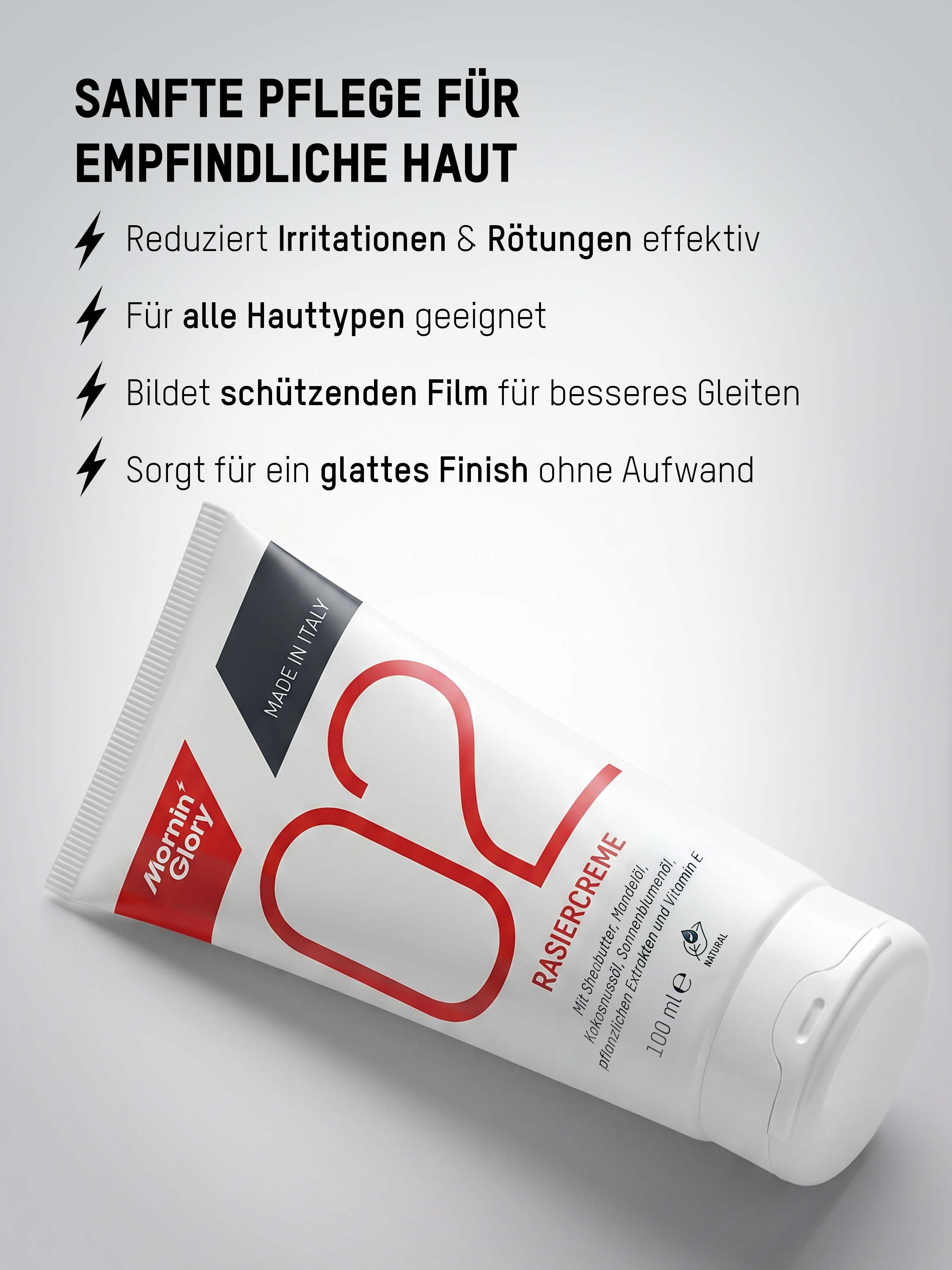 Mornin' Glory Rasiercreme für empfindliche Haut reduziert Hautirritationen, schützt die Haut und sorgt für ein glattes Rasurergebnis.