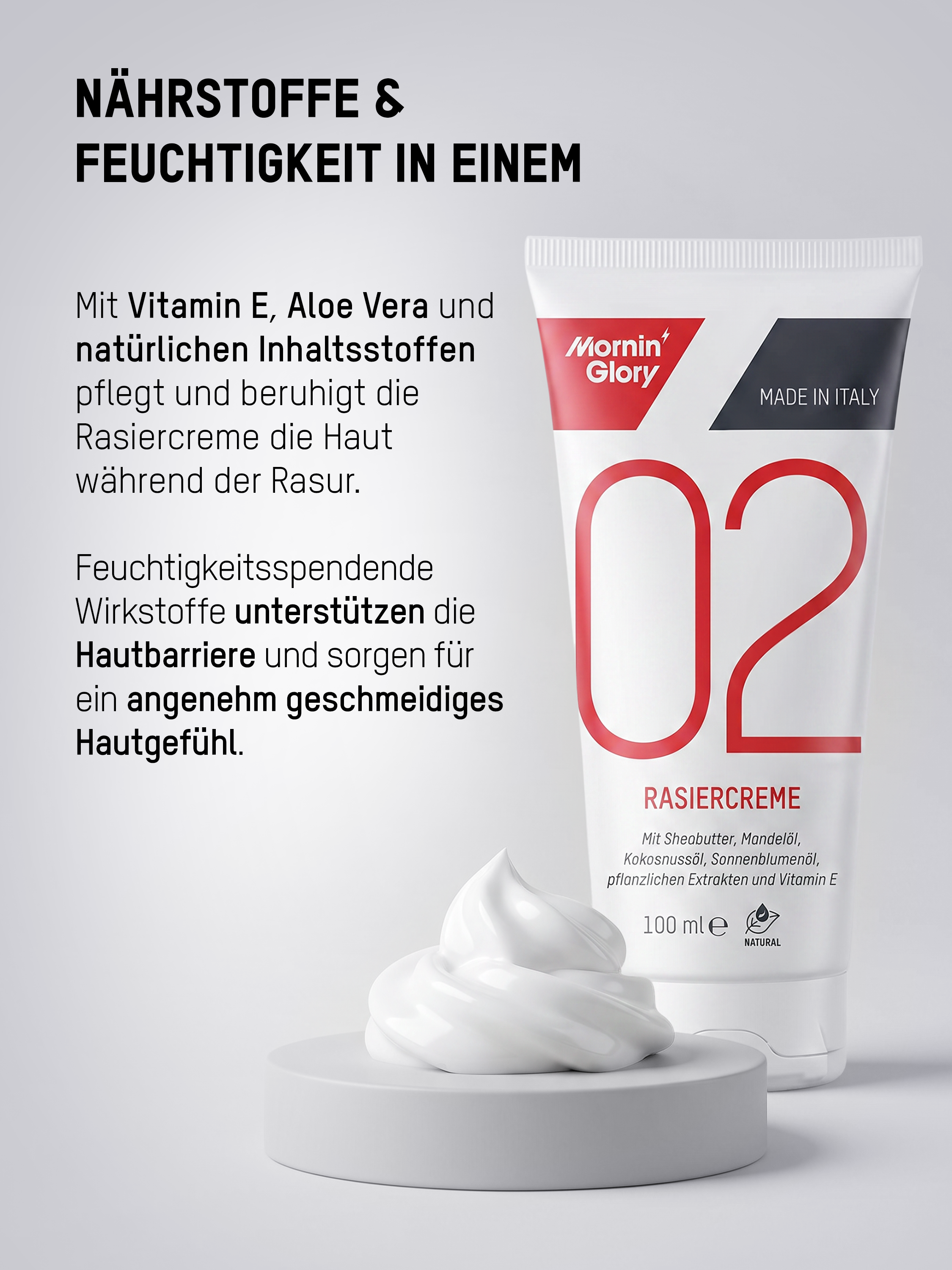 Mornin' Glory Rasiercreme mit Vitamin E, Aloe Vera und natürlichen Inhaltsstoffen für eine pflegende und feuchtigkeitsspendende Rasur.