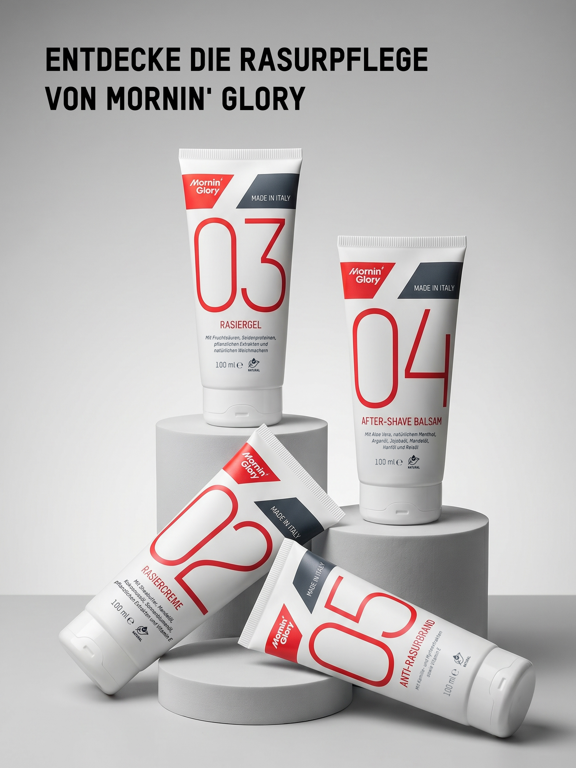 Mornin' Glory Rasurpflege-Serie mit Rasiercreme, Rasiergel, After-Shave Balsam und Anti-Rasierbrand Pflege.
