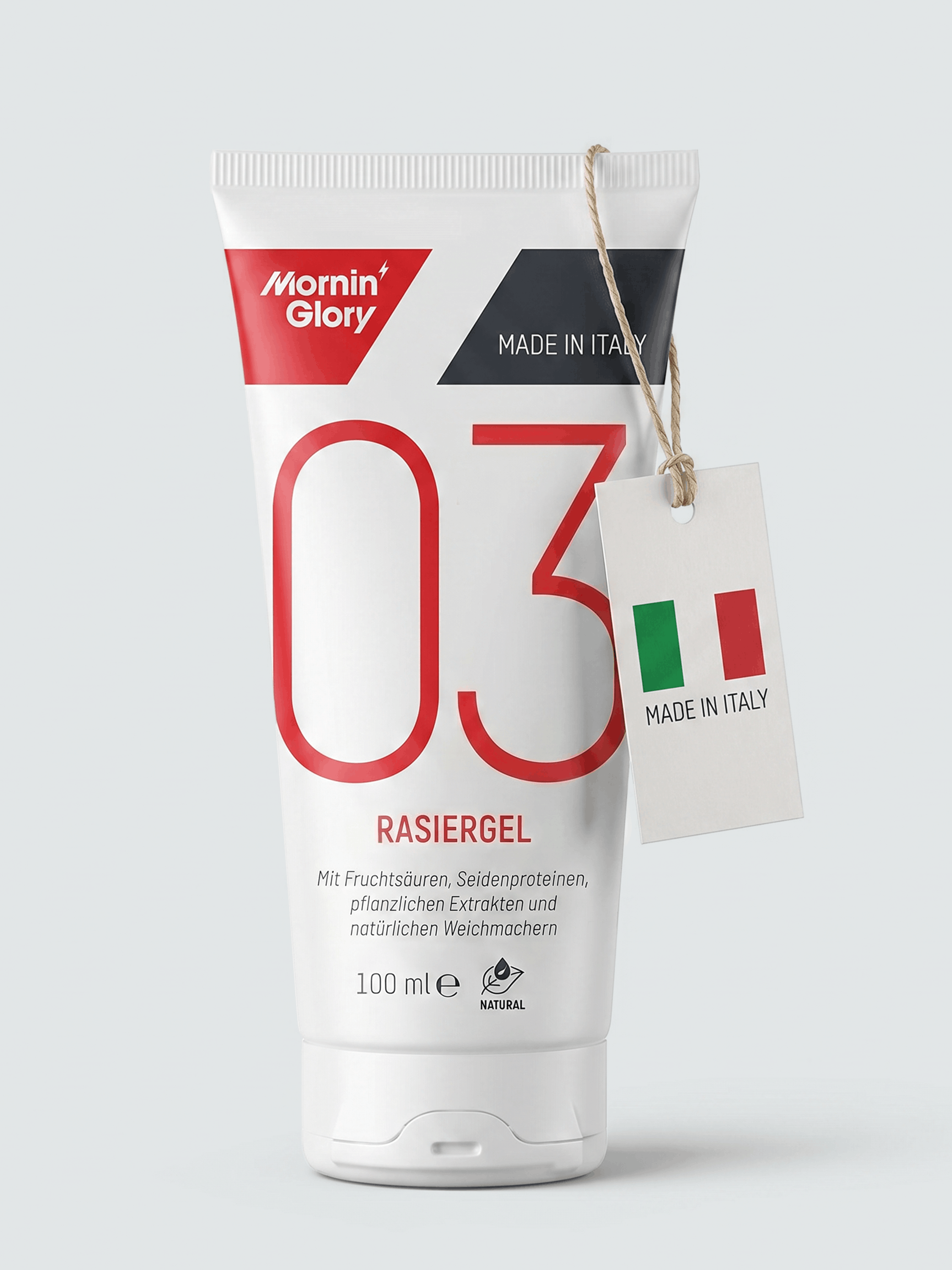 Mornin' Glory Rasiergel Nr. 03 hergestellt in Italien mit Fruchtsäuren, Seidenproteinen und pflanzlichen Extrakten.