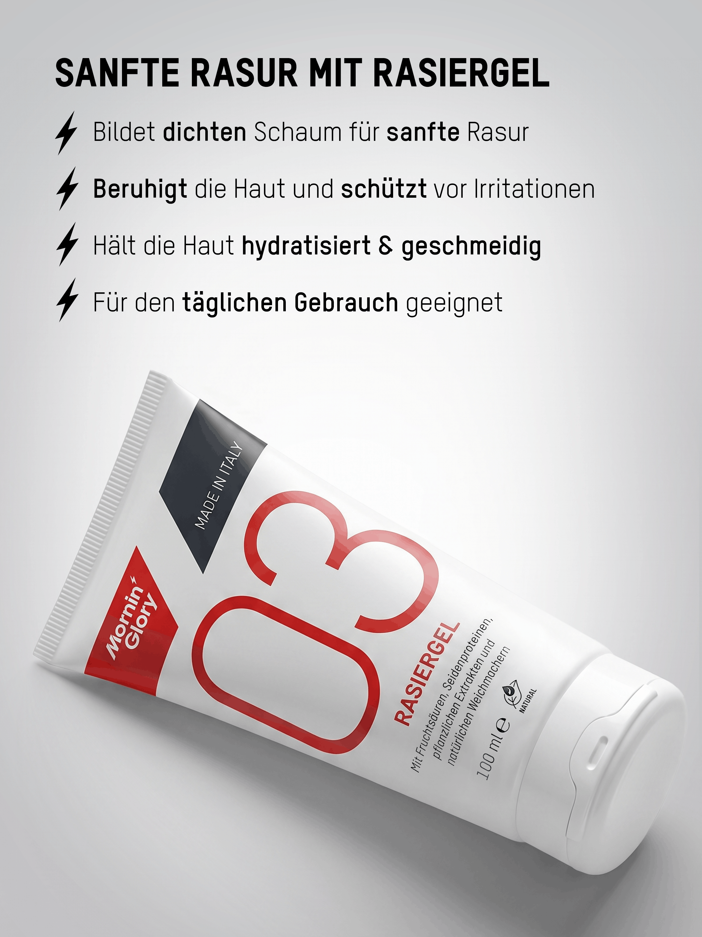 Mornin' Glory Rasiergel Nr. 03 für sanfte Rasuren mit pflegender Formel und feuchtigkeitsspendenden Inhaltsstoffen.