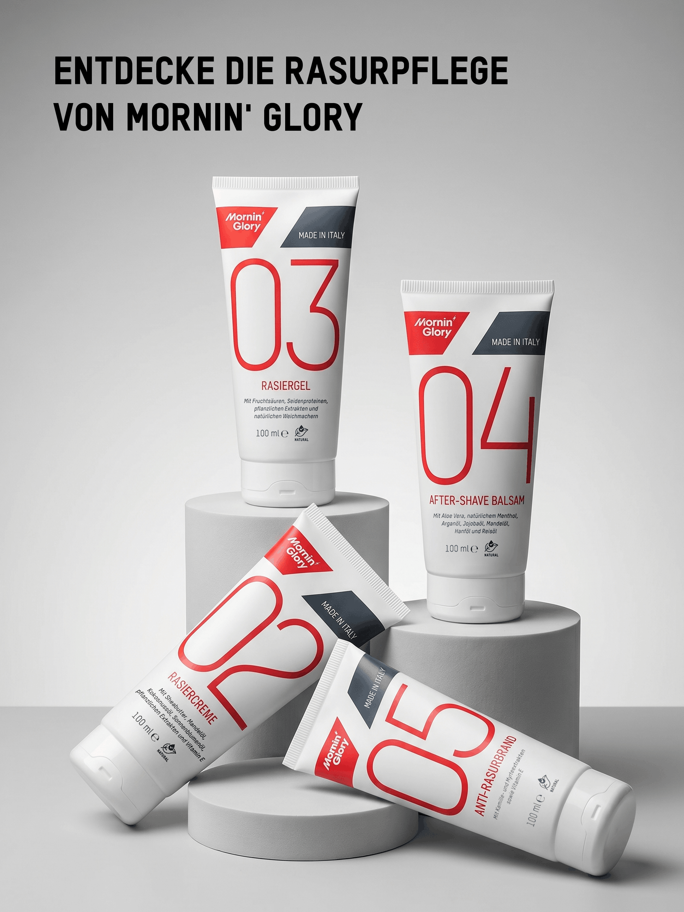 Mornin' Glory Rasurpflege-Serie mit Rasiergel, Rasiercreme, After-Shave-Balsam und Anti-Rasierbrand Pflege.