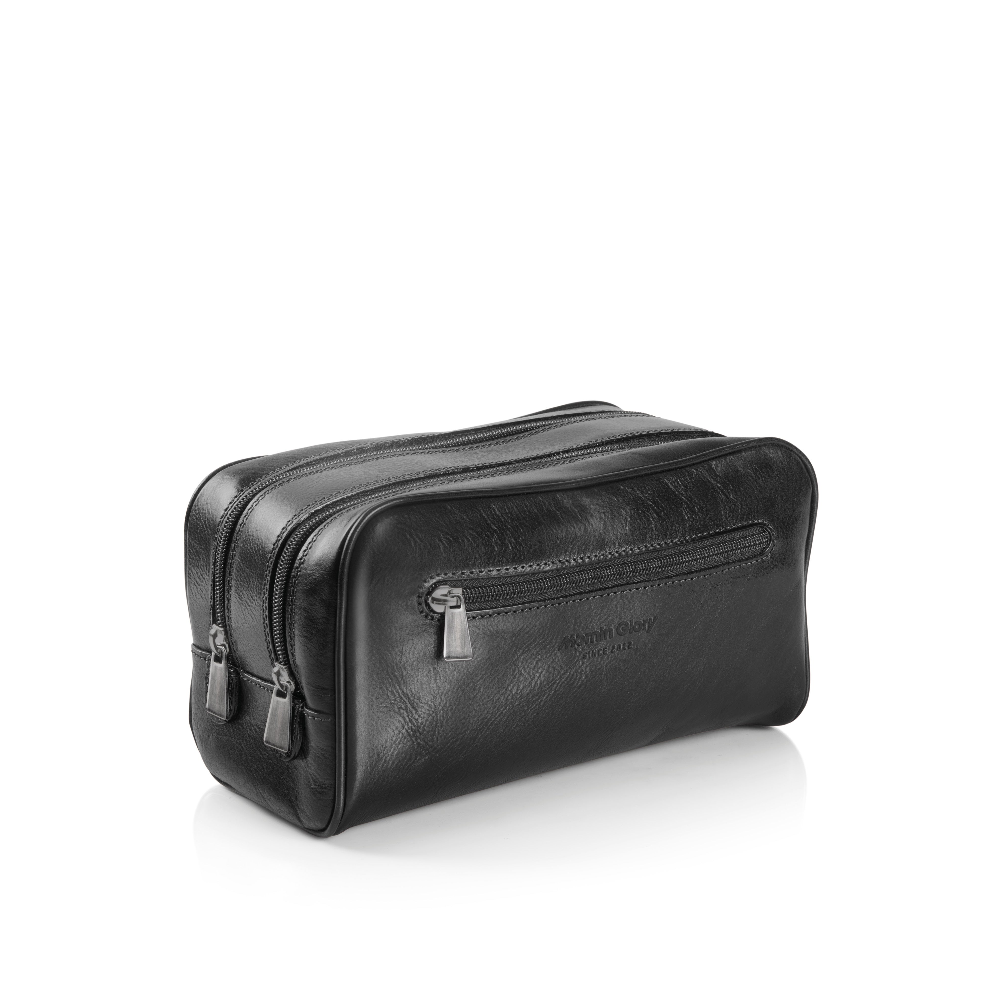 Kulturbeutel Doppelfach aus toskanischem Leder schwarz