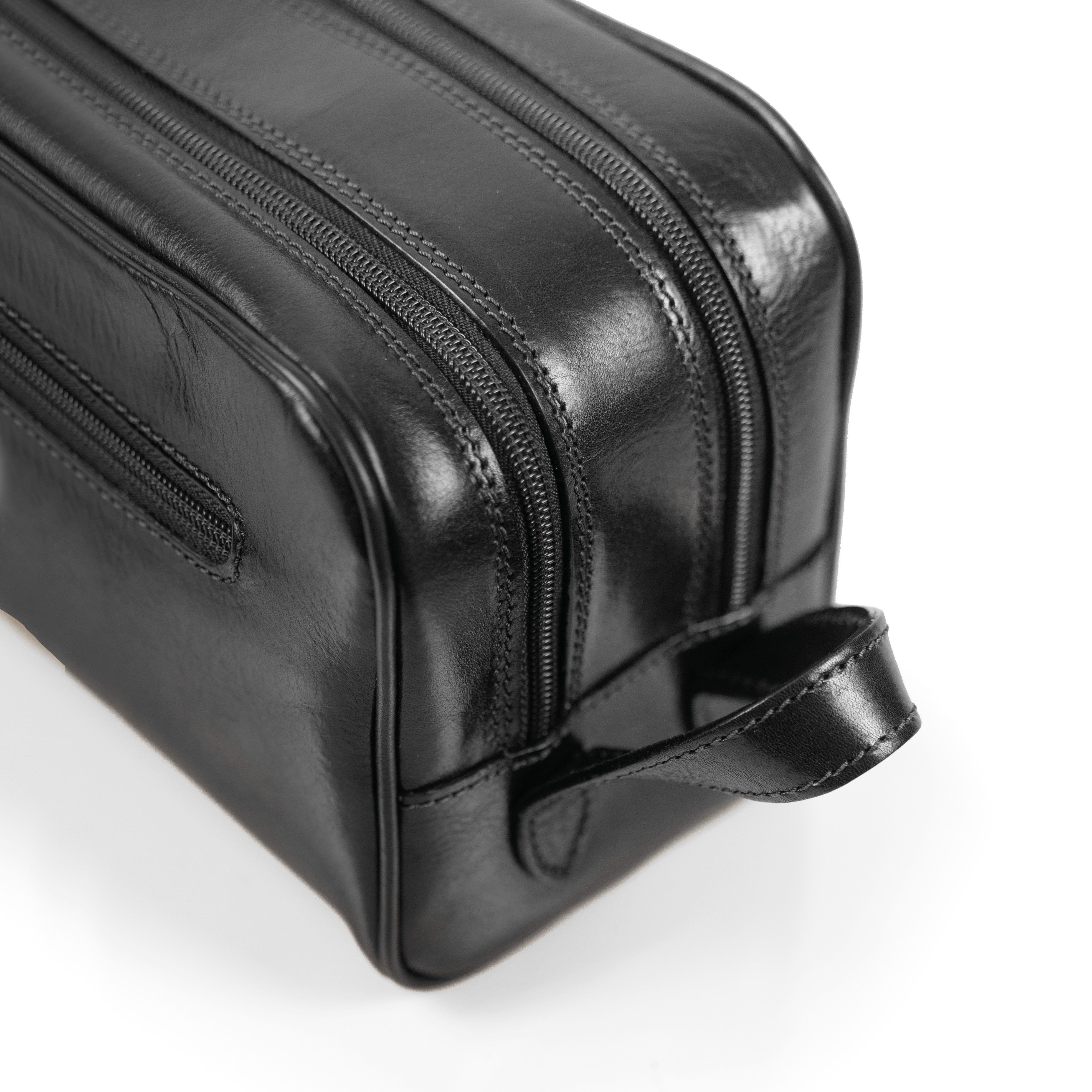 Platinum Kulturbeutel Doppelfach aus toskanischem Leder schwarz