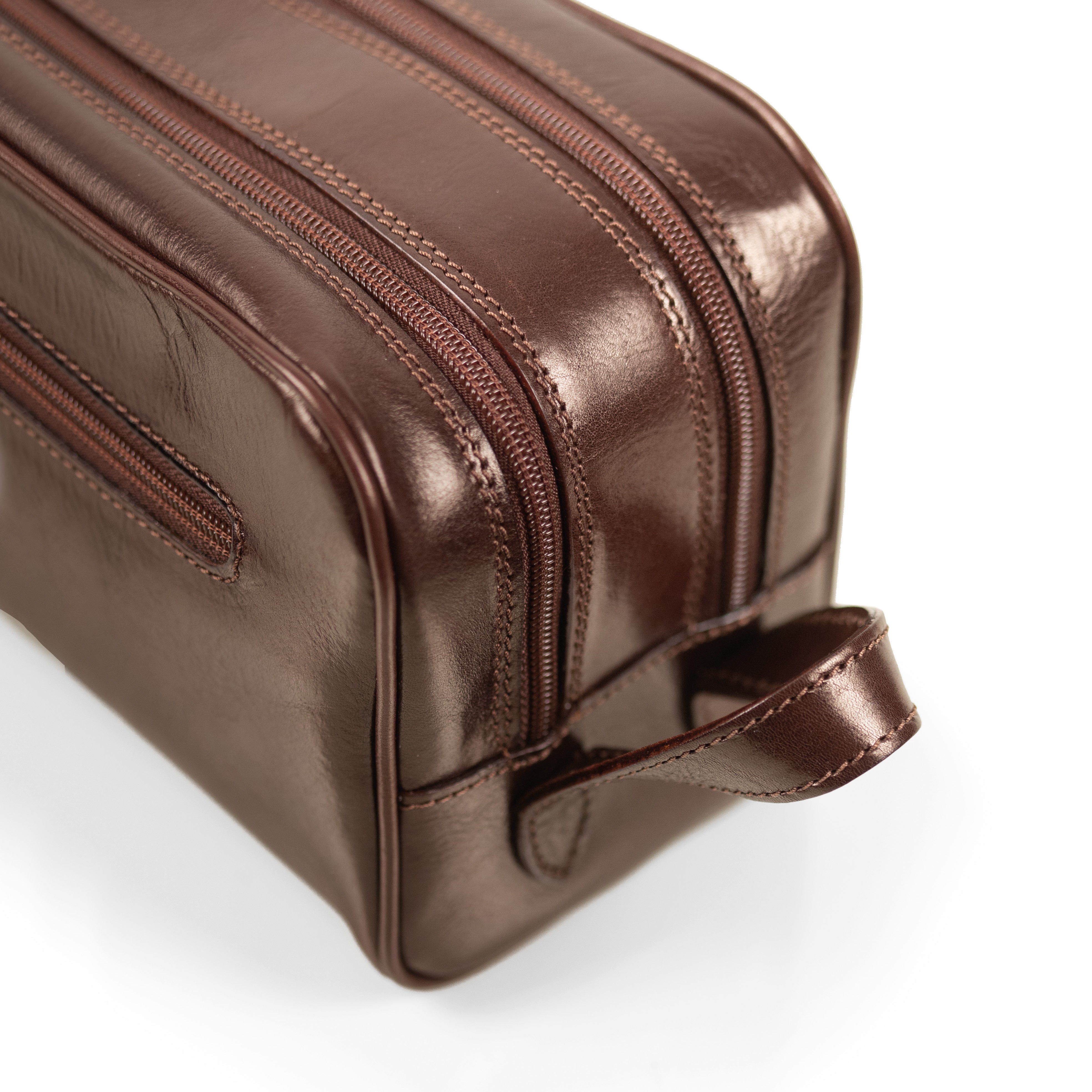 Platinum Kulturbeutel Doppelfach aus toskanischem Leder dunkelbraun