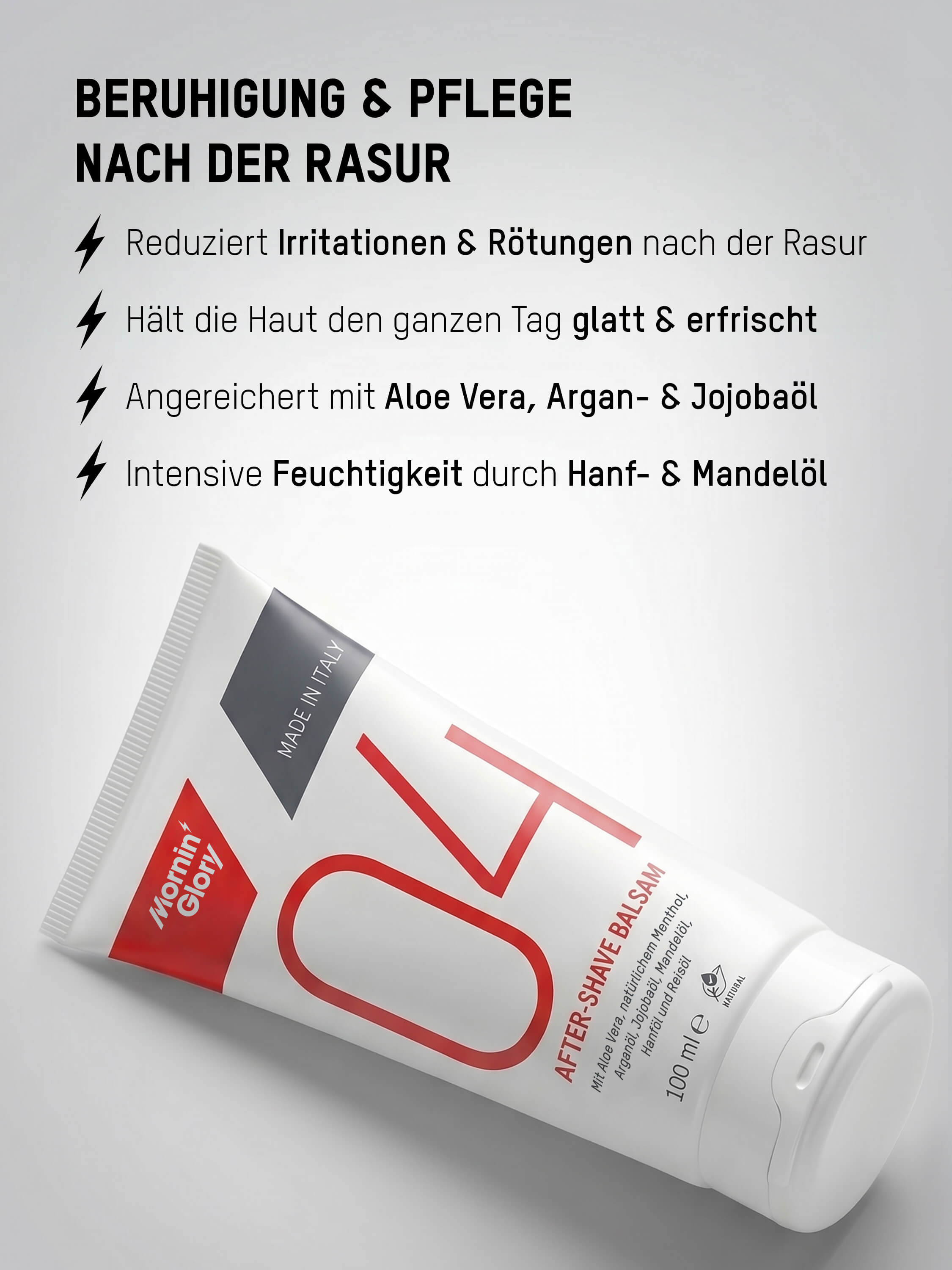 After-Shave Balsam von Mornin' Glory reduziert Rasurbrand, Rötungen und Hautirritationen nach der Rasur und spendet Feuchtigkeit.
