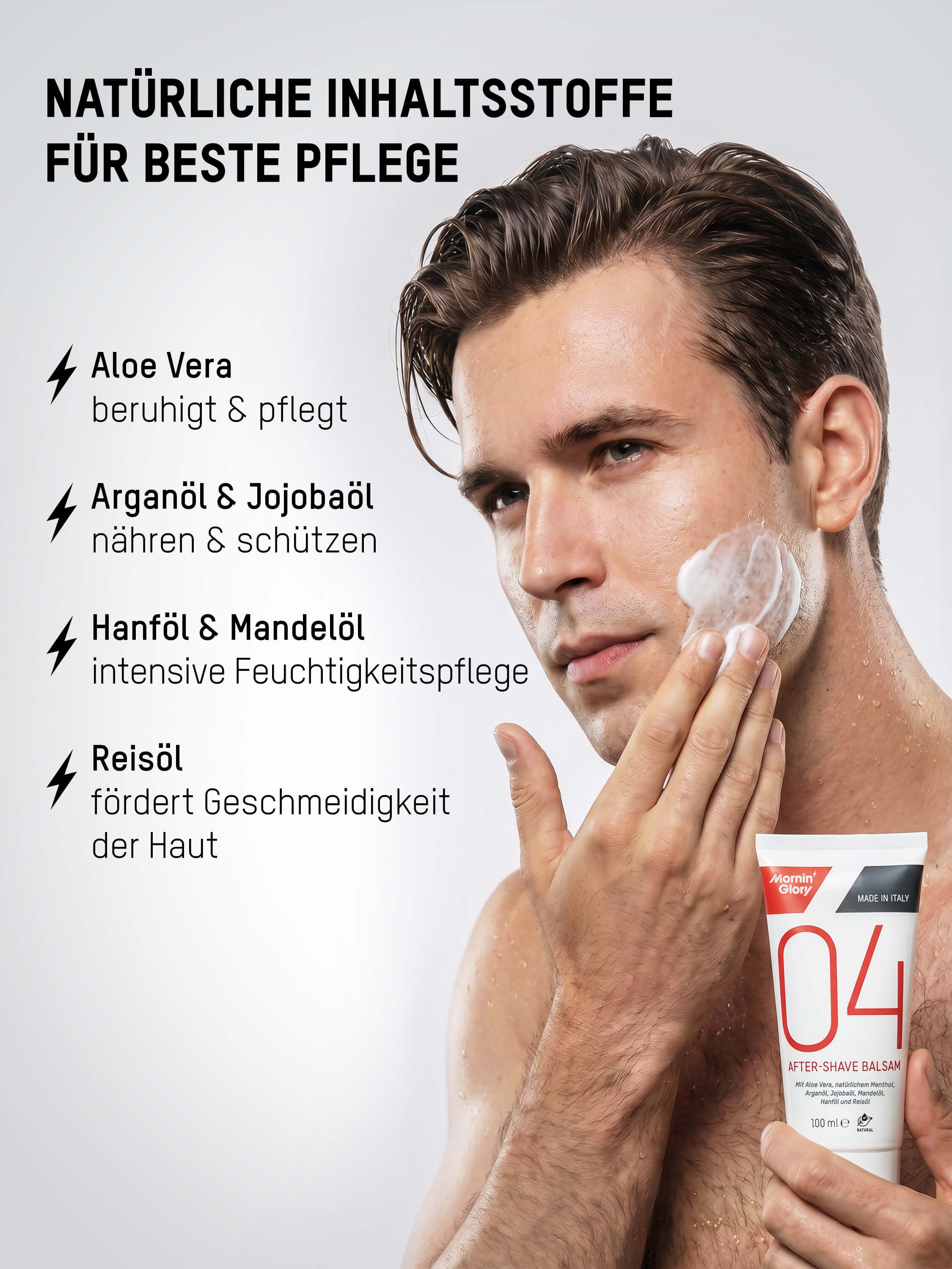 Natürliche Inhaltsstoffe im Mornin' Glory After-Shave Balsam: Aloe Vera, Arganöl, Jojobaöl, Hanföl und Reisöl für gepflegte Männerhaut.