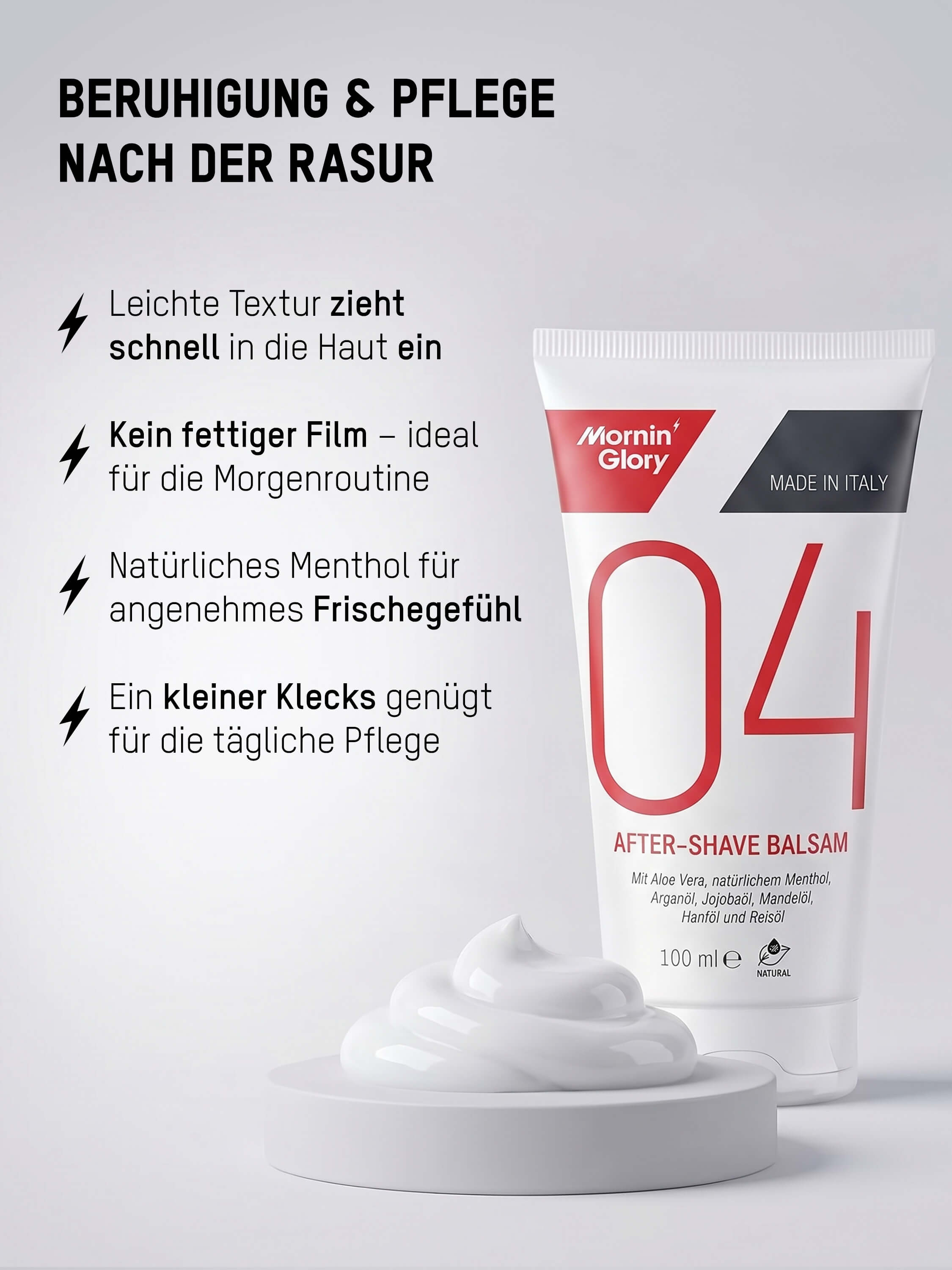 Mornin' Glory 04 After-Shave Balsam mit leichtem Menthol für ein frisches Hautgefühl und schnelle Pflege nach der täglichen Rasur.