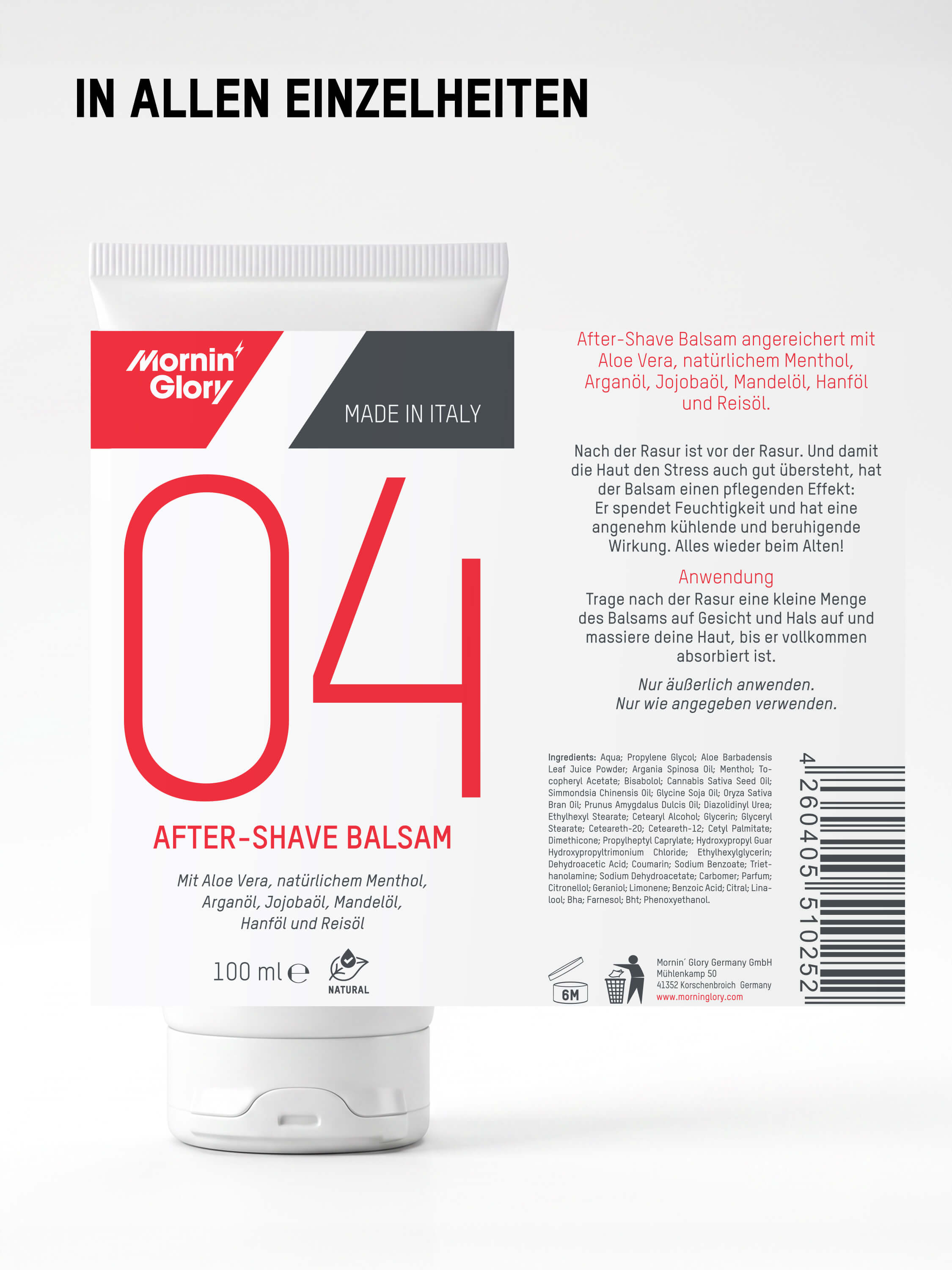 Detailansicht des Mornin' Glory 04 After-Shave Balsams mit Inhaltsstoffen, Anwendungshinweisen und Produktinformationen auf der Verpackung.