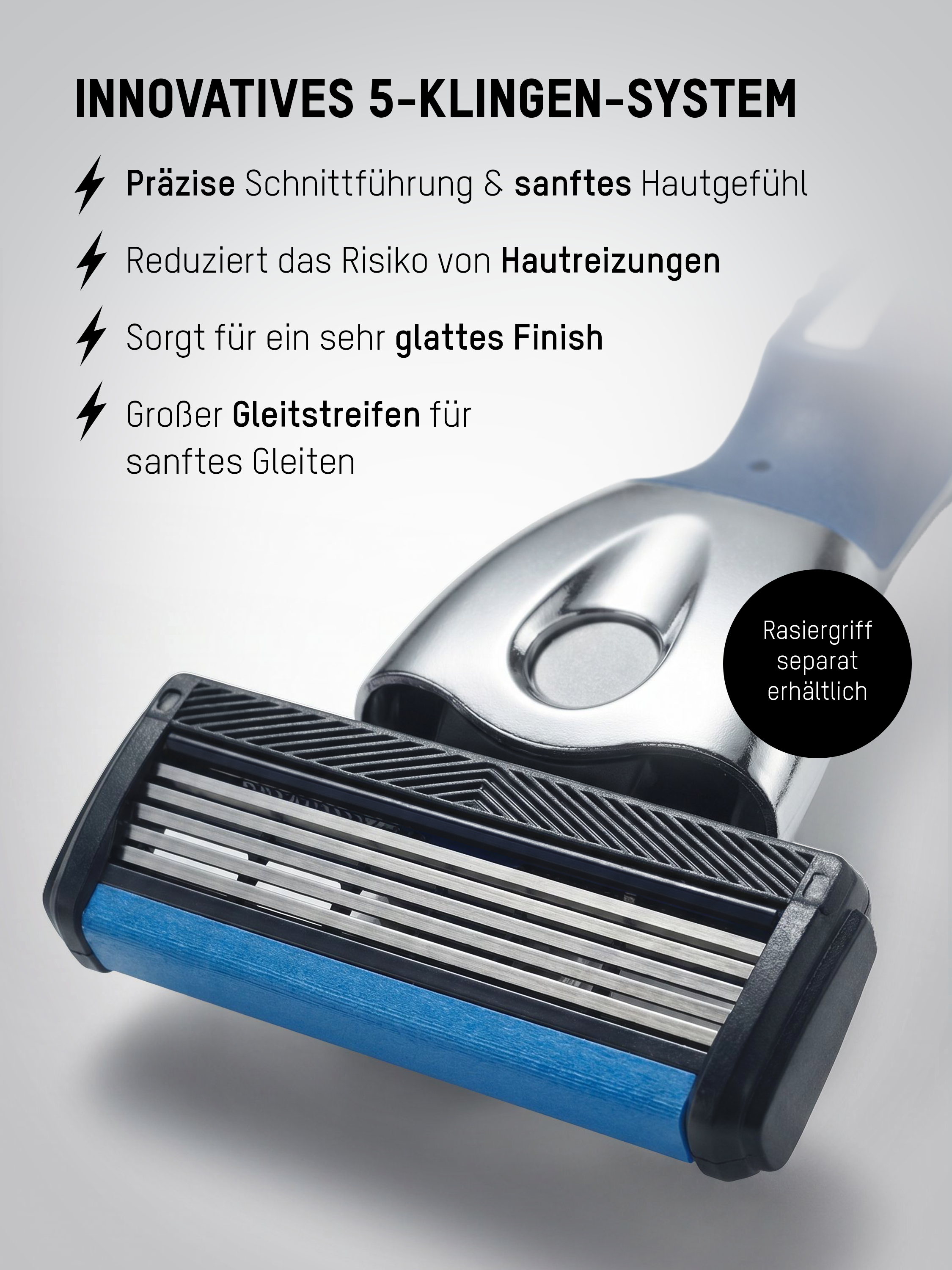 Alpha Ersatzklinge mit innovativem 5-Klingen-System für präzise Rasuren und ein glattes Hautgefühl.