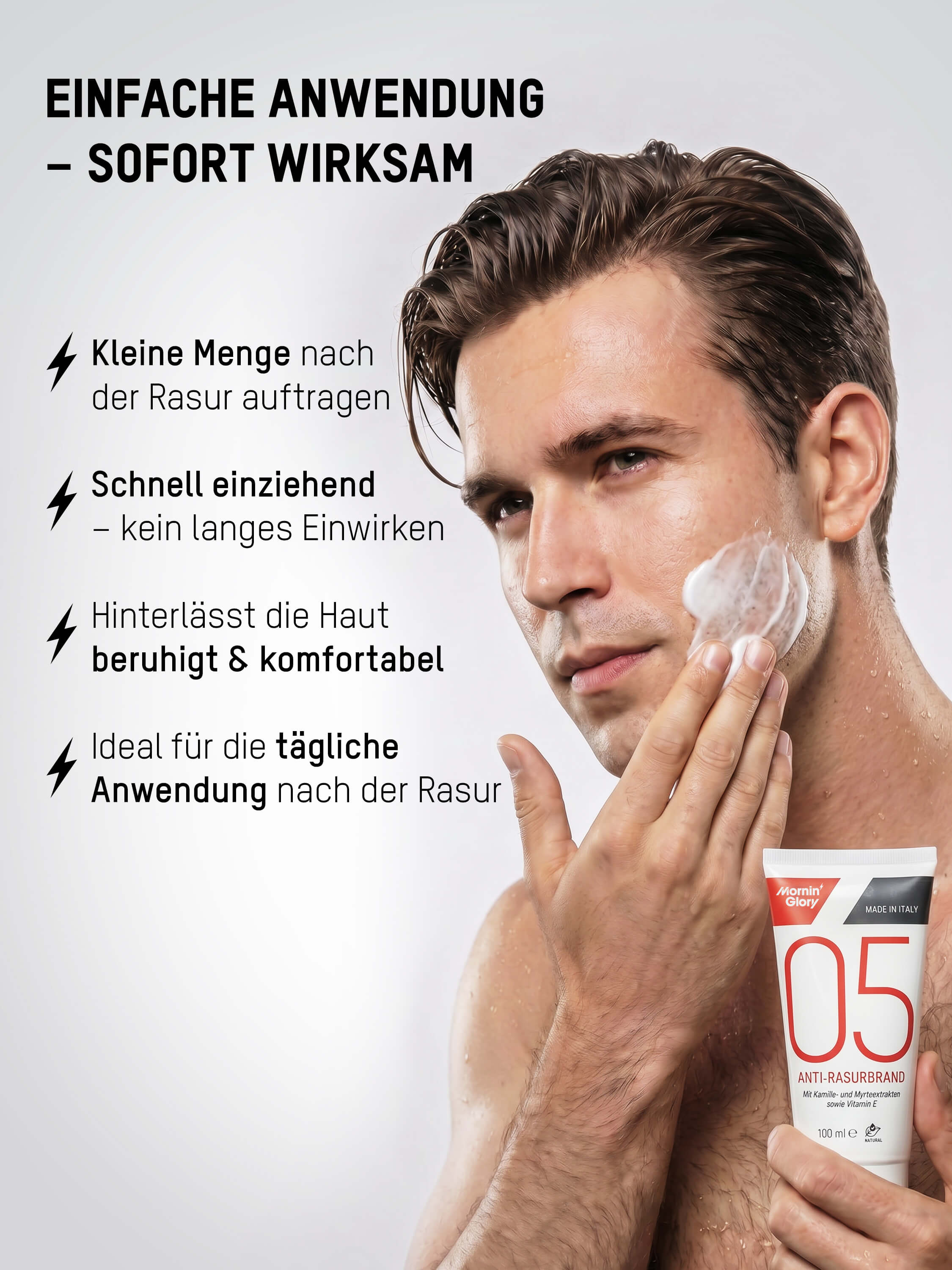 Anwendung des Mornin' Glory Anti-Rasurbrand Gels nach der Rasur für schnelle Beruhigung und Pflege gereizter Männerhaut.