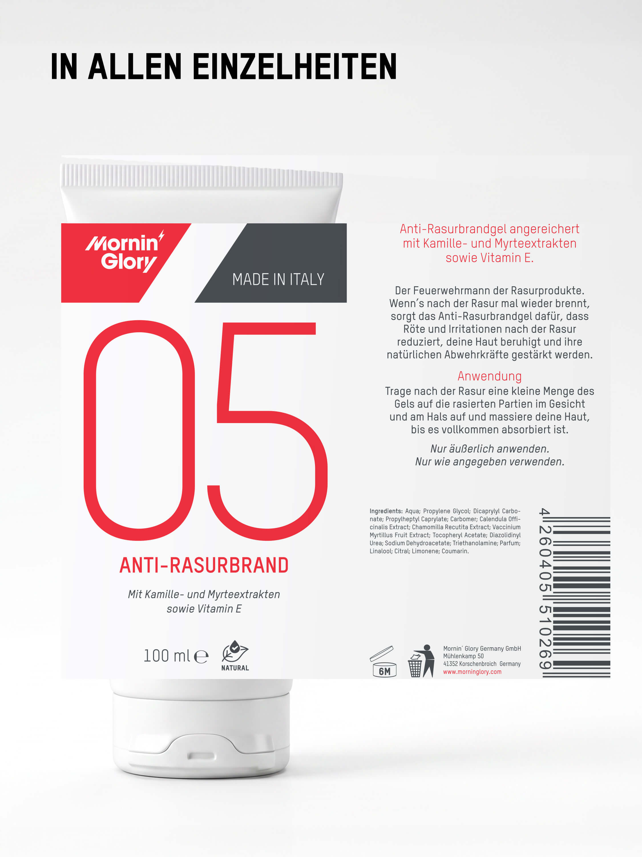 Detailansicht des Mornin' Glory 05 Anti-Rasurbrand Gels mit Inhaltsstoffen, Anwendungshinweisen und Produktinformationen auf der Verpackung.