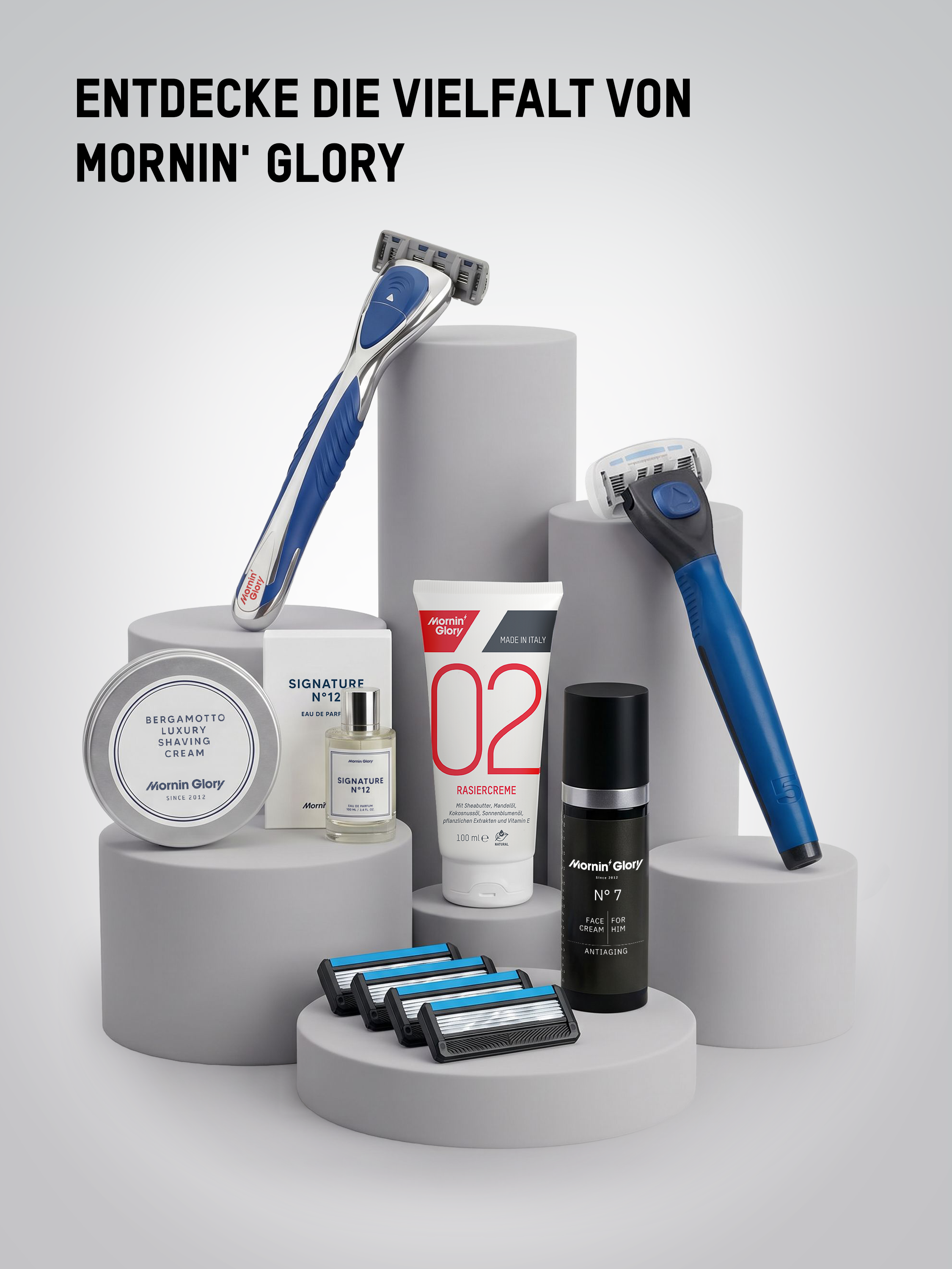 Mornin' Glory Rasierer, Body Ersatzklingen und Rasurpflegeprodukte für eine hochwertige Körperrasur.