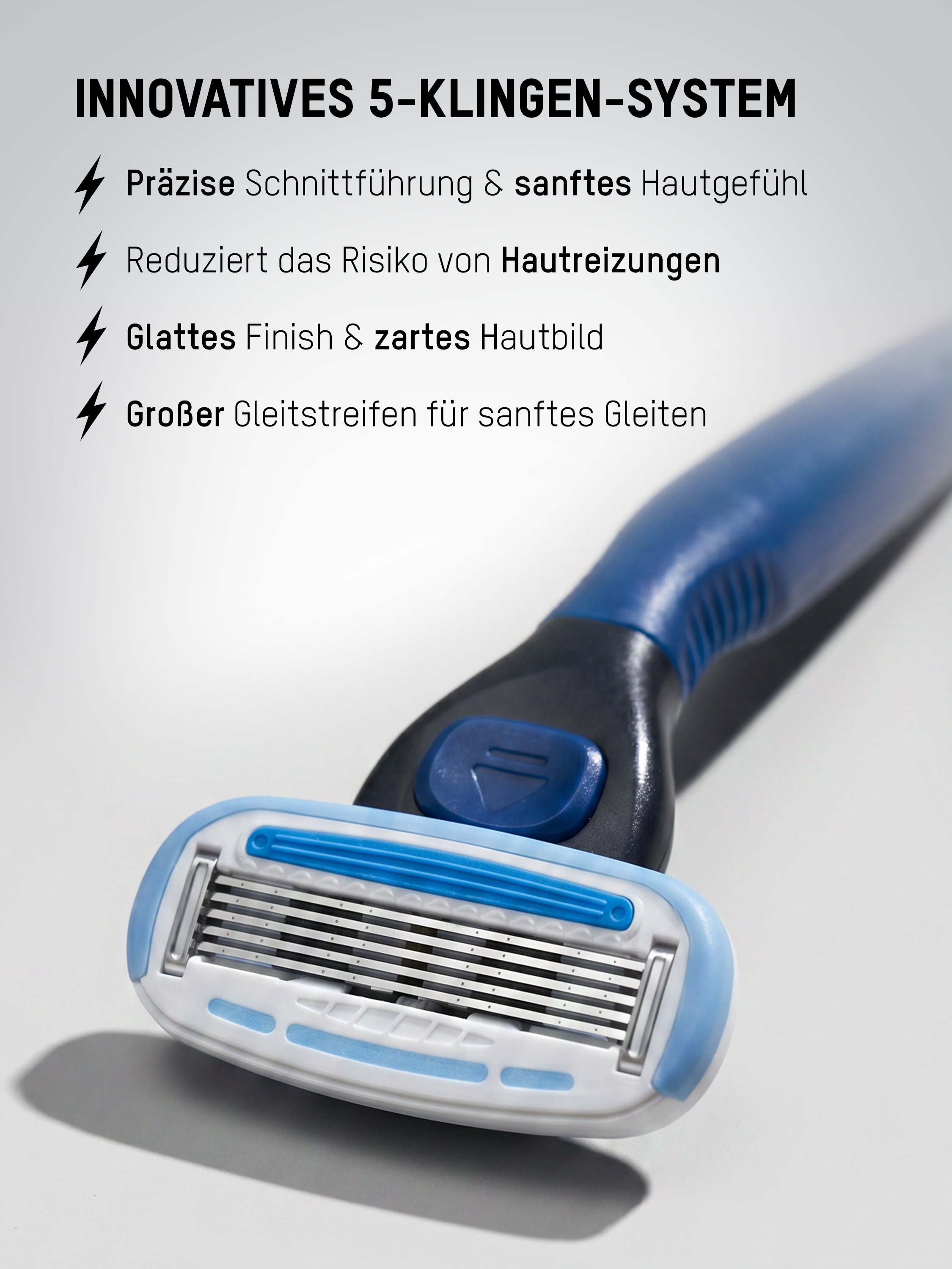 Körperrasierer mit innovativem 5-Klingen-System für eine gründliche, hautschonende Rasur und weniger Hautirritationen.