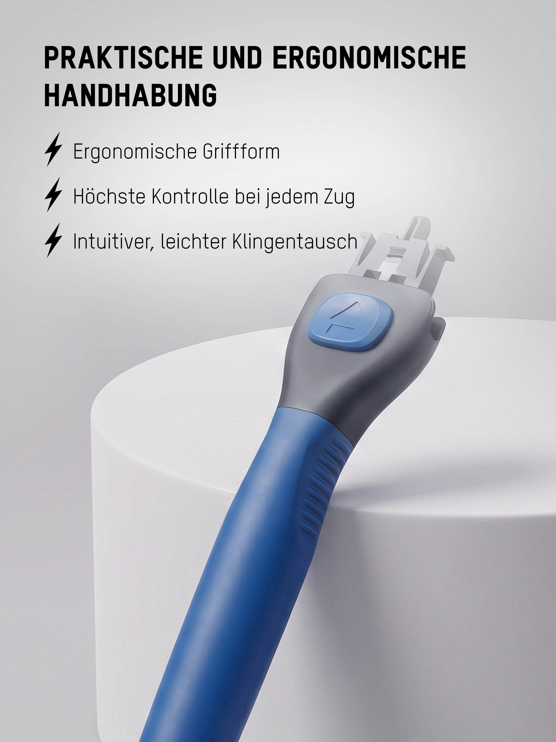 Ergonomischer Körperrasierer mit rutschfestem Griff für maximale Kontrolle und einfachen Klingenwechsel.