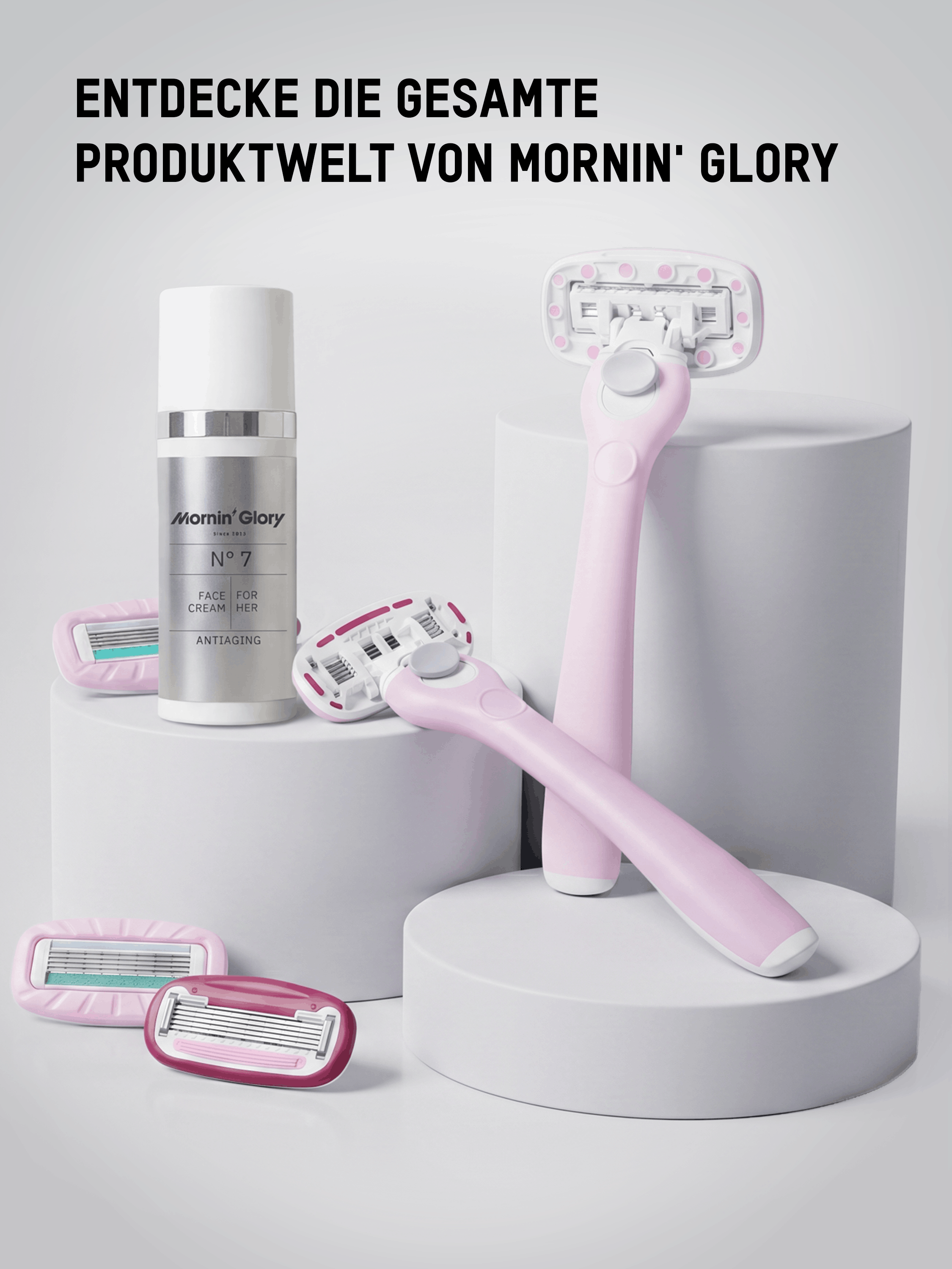 Mornin' Glory Rasursystem mit Komodo Rasiergriff, Komodo Paella Klingen und Pflegeprodukten für die tägliche Rasur.