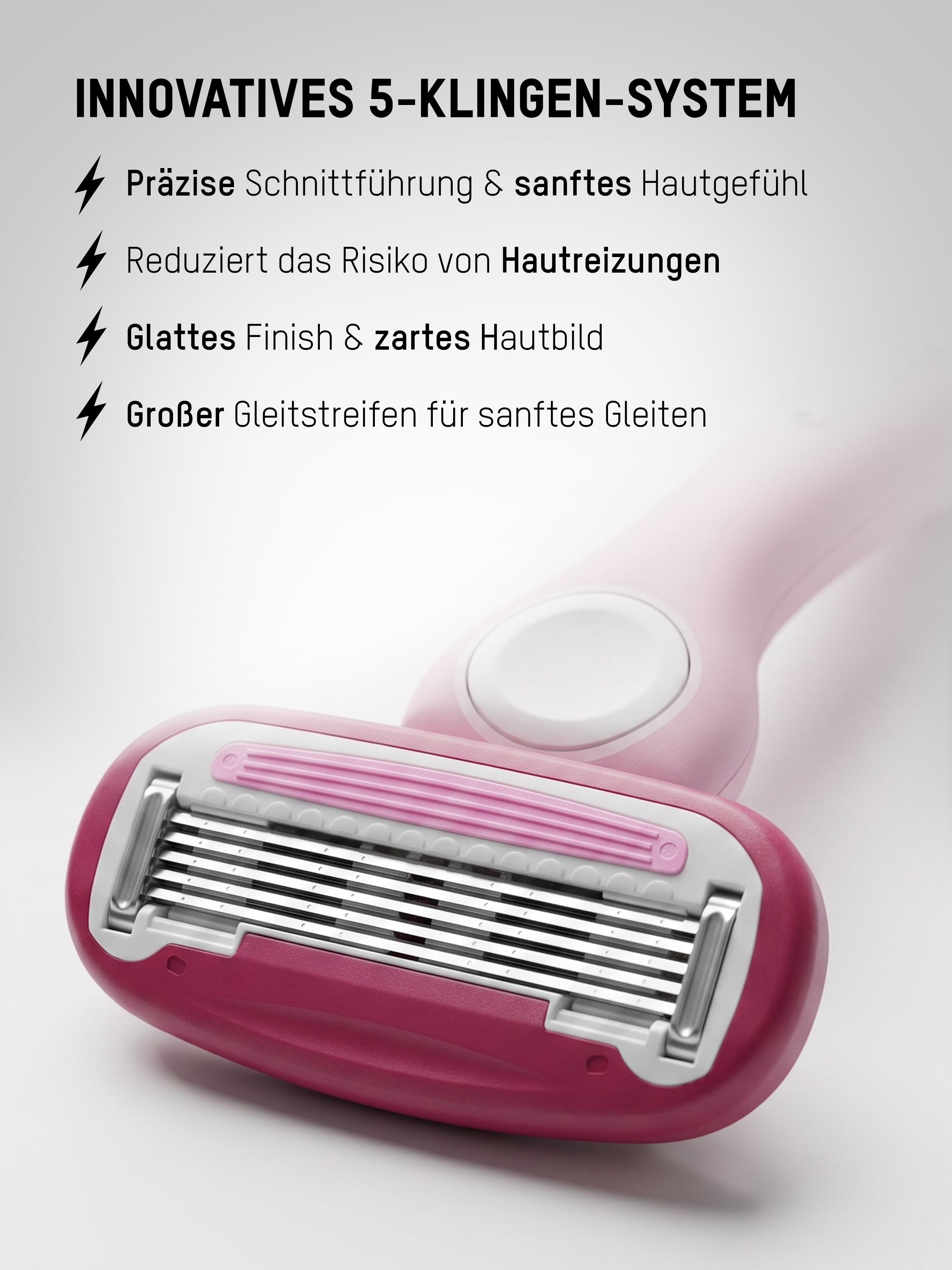 Komodo Damenrasierer mit innovativem 5-Klingen-System und Gleitstreifen für eine präzise, sanfte Rasur ohne Hautirritationen.