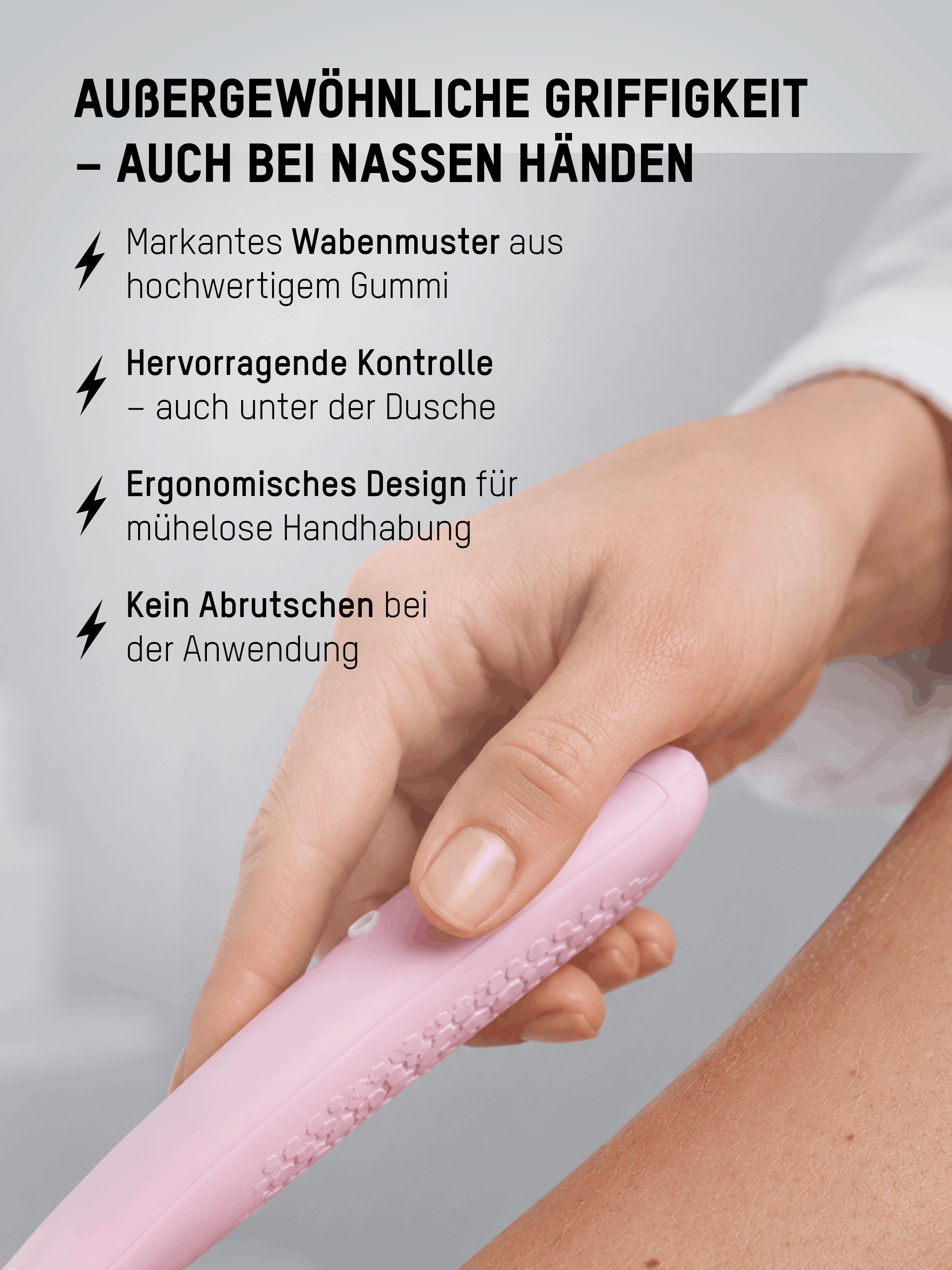 Ergonomischer Mornin' Glory Komodo Rasiergriff mit rutschfestem Wabenmuster für sicheren Halt auch bei Nässe.