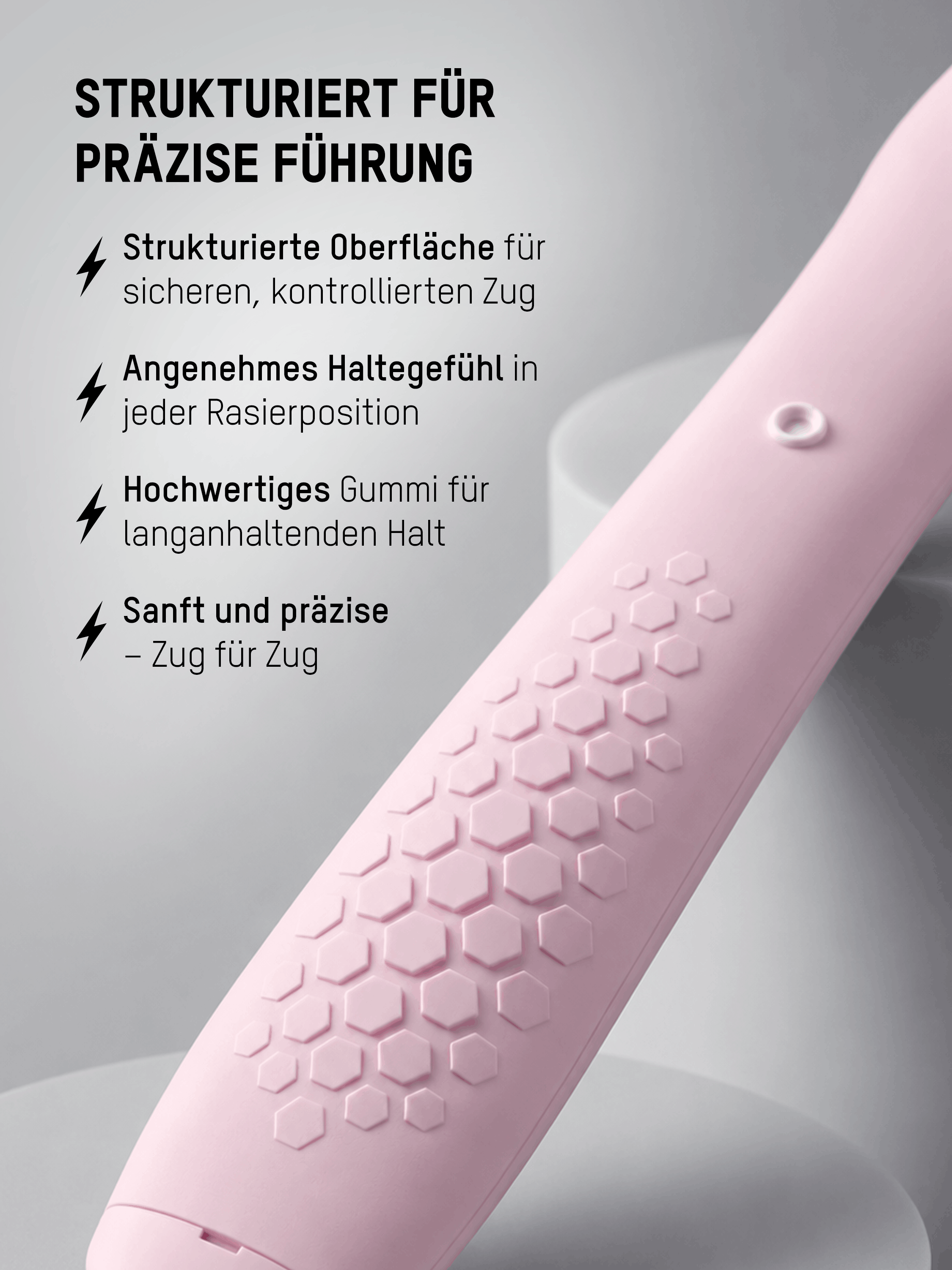 Detailansicht des strukturierten Wabenmusters am Komodo Rasiergriff für präzise Kontrolle bei der Rasur.