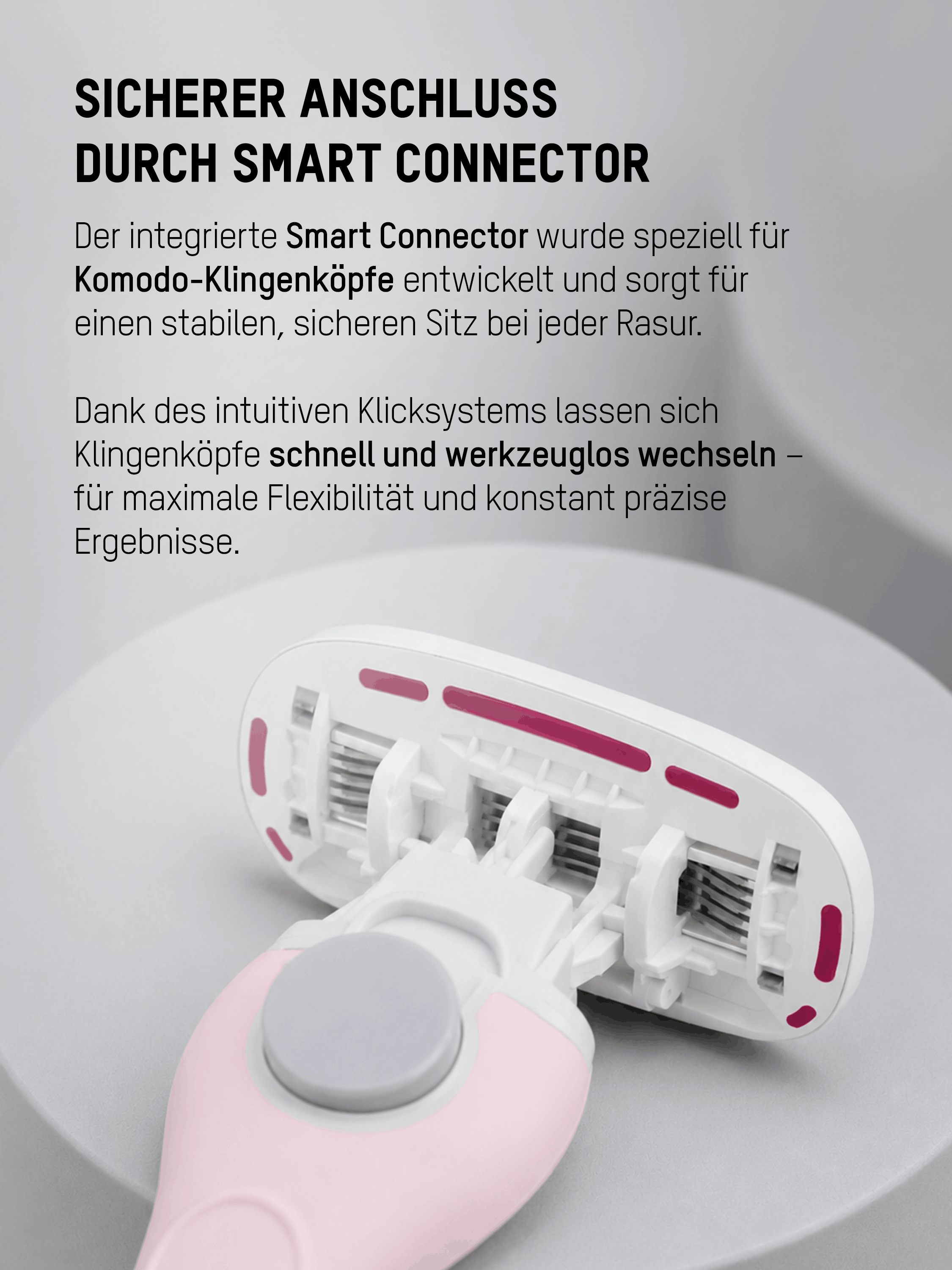 Mornin' Glory Komodo Rasiergriff mit Smart Connector für schnellen und werkzeuglosen Klingenwechsel.