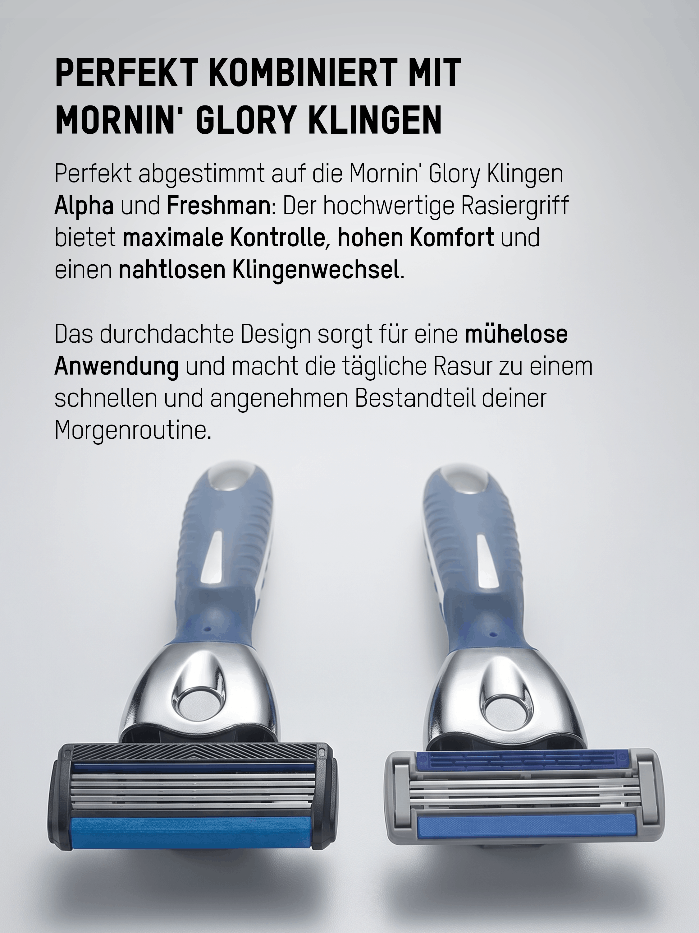 Mornin' Glory Rover Rasiergriff kompatibel mit Alpha- und Freshman-Klingen für maximalen Komfort und einfachen Klingenwechsel.