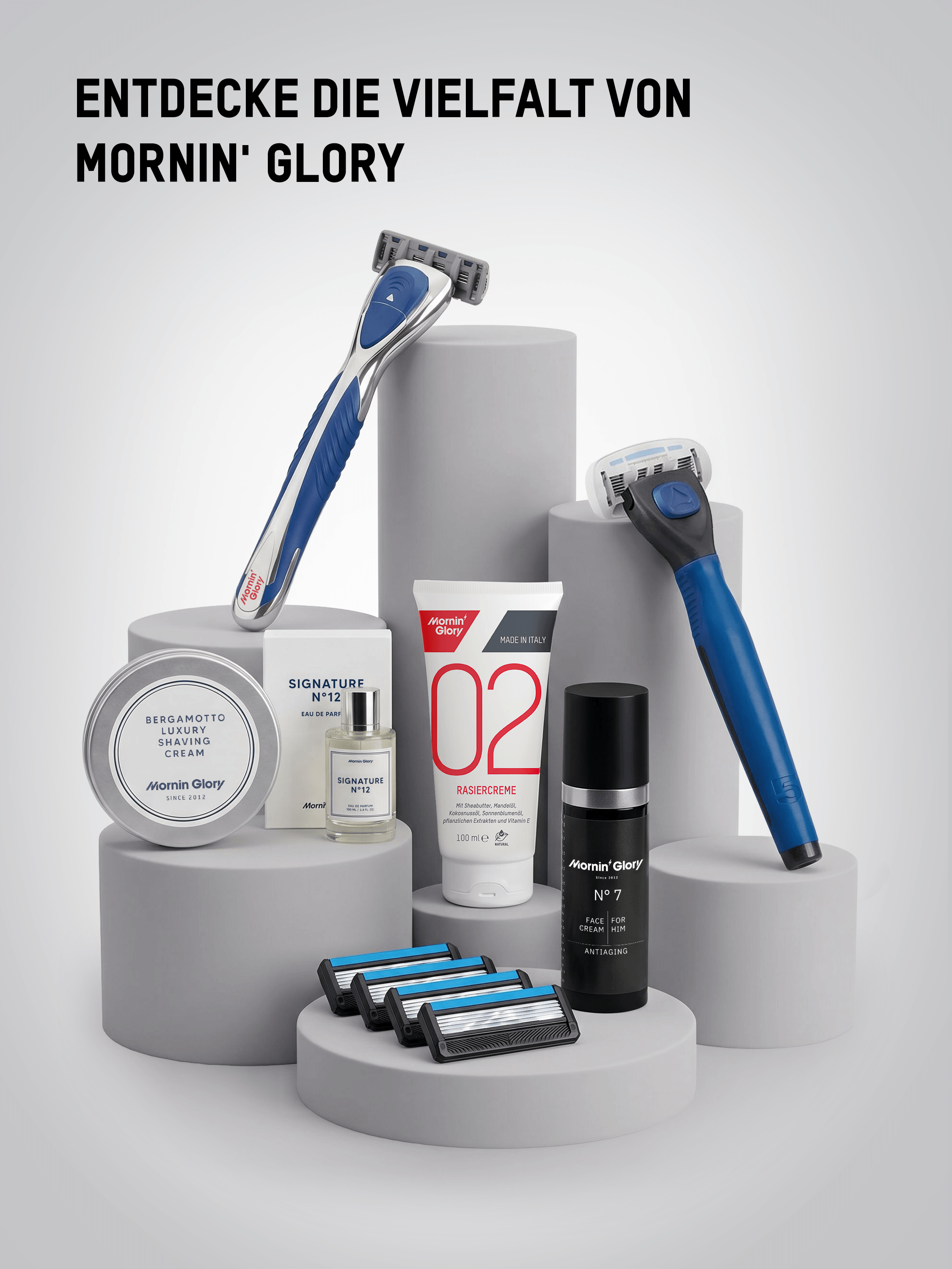 Mornin' Glory Rasurprodukte mit Rover Rasiergriff, Rasiercreme, Rasierklingen und Pflegeprodukten für die tägliche Rasurroutine.