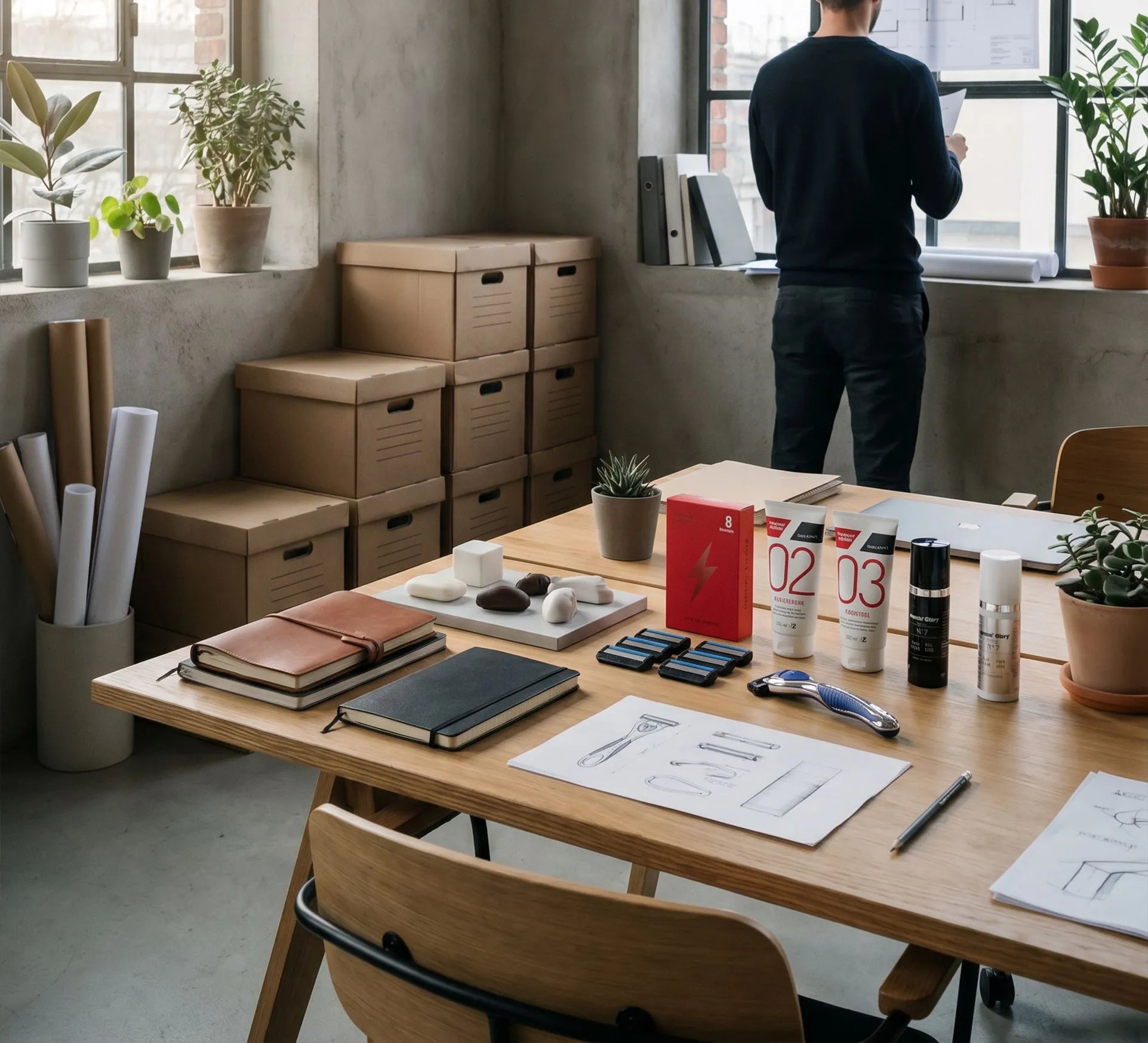 Entwicklung neuer Mornin' Glory Rasierprodukte mit Designentwürfen und Produktmustern im Büro.